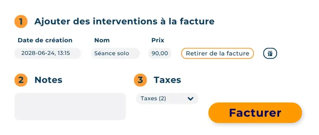Fenêtre Hexfit de facturation avec ajout d'intervention, notes et taxes avant l'envoi de la facture