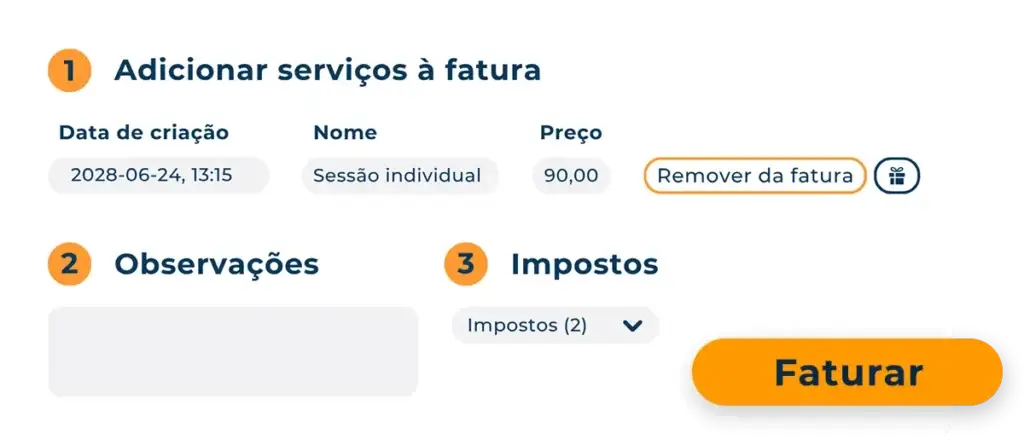 Formulário de fatura no Hexfit com serviço "Sessão individual" de 90,00 e seleção de impostos