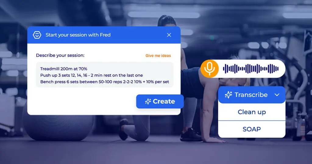 Hexfit window to create a workout session with Fred AI from a free-text description or a transcribed voice note