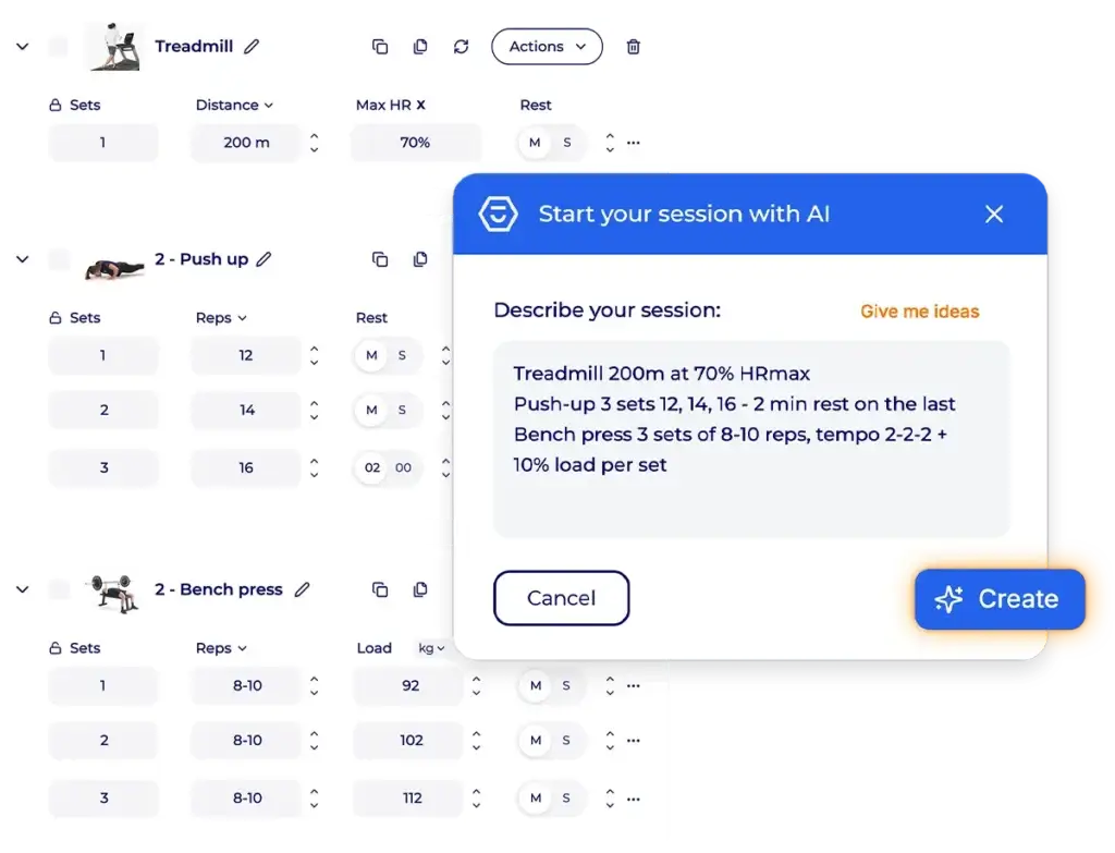 Hexfit window to create a training session using Fred's artificial intelligence from a free-text description