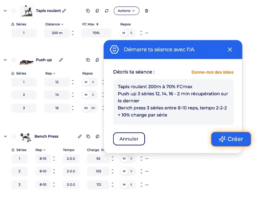 Fenêtre Hexfit pour créer une séance d'entraînement avec l'intelligence artificielle Fred à partir d'une description en texte libre