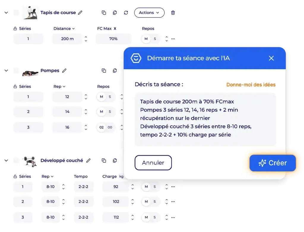 Fenêtre Hexfit pour créer une séance d'entraînement avec l'intelligence artificielle Fred à partir d'une description en texte libre