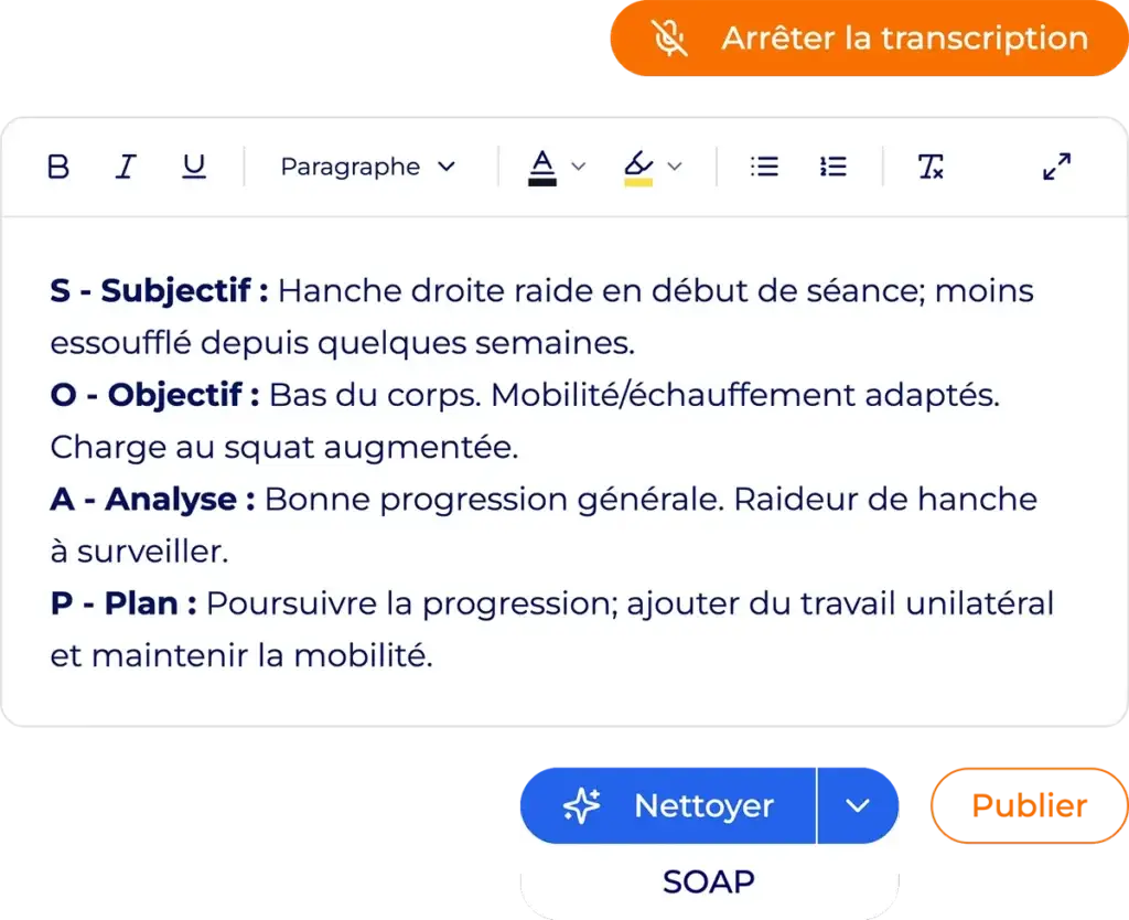 Capture d'écran de l'interface Hexfit montrant une note vocale transcrite et structurée automatiquement par Fred au format SOAP (Subjectif, Objectif, Analyse, Plan).