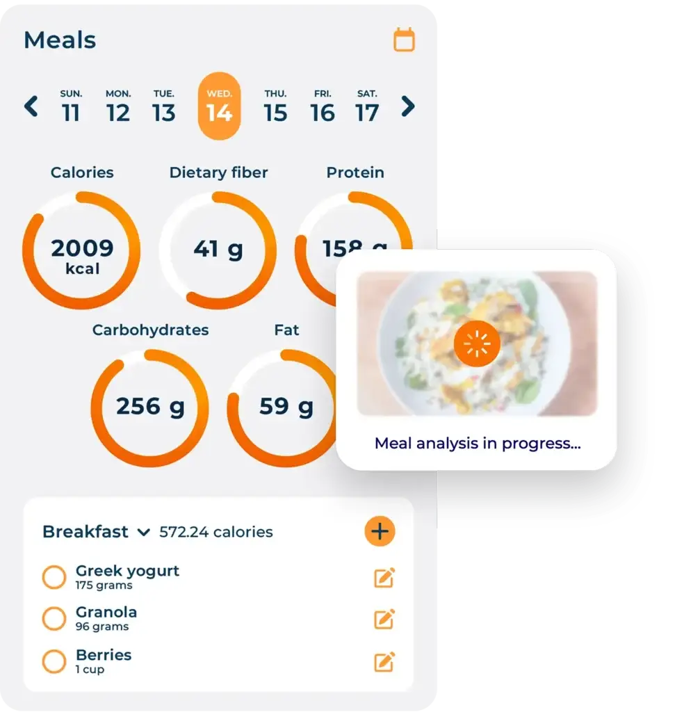 Hexfit Go screen where the client logs daily meals, with automatic AI analysis of a plate photo
