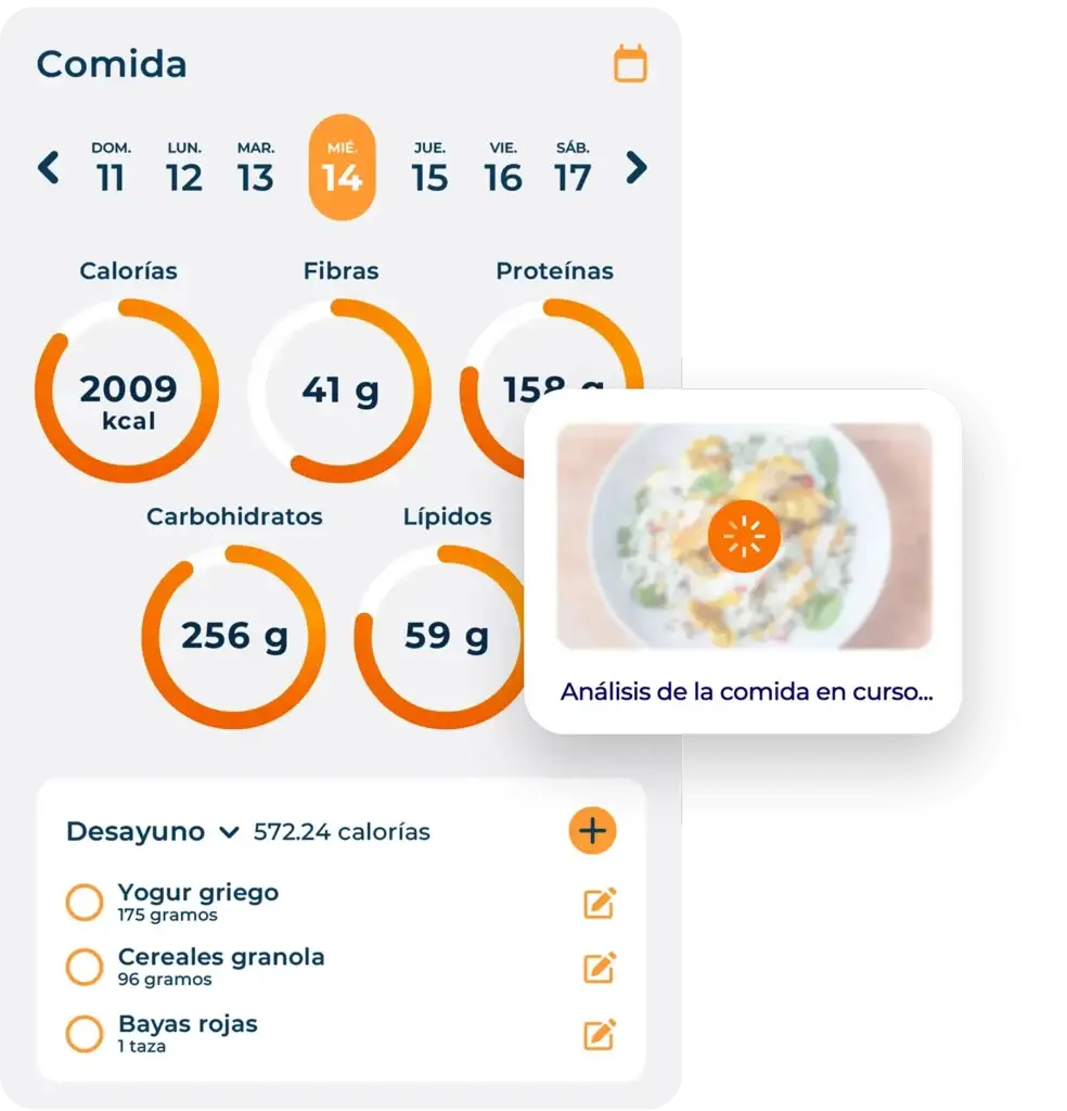 Pantalla de Hexfit Go donde el cliente registra sus comidas diarias, con análisis automático de una foto del plato por IA
