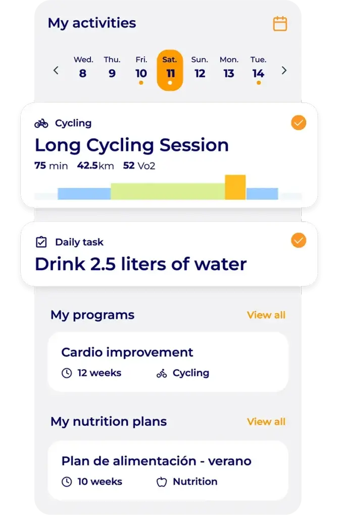 Client's cycling session, daily task and nutrition plan tracked in the Hexfit Go mobile app