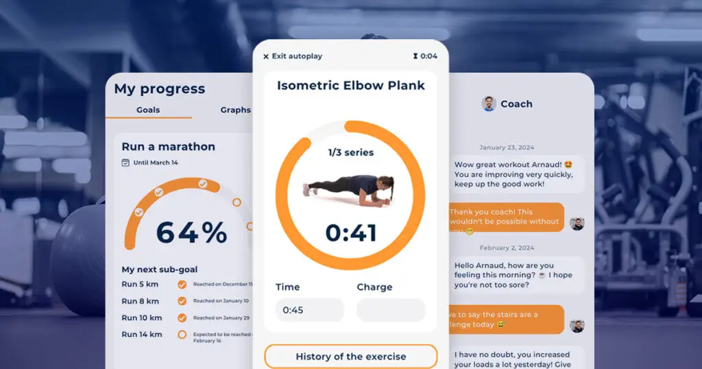 Hexfit Go app screens showing goal progress tracking, a timed exercise, and messaging with the coach