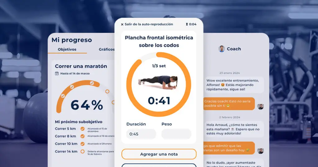 Pantallas de la app Hexfit Go mostrando el seguimiento de un objetivo, un ejercicio cronometrado y la mensajería con el entrenador