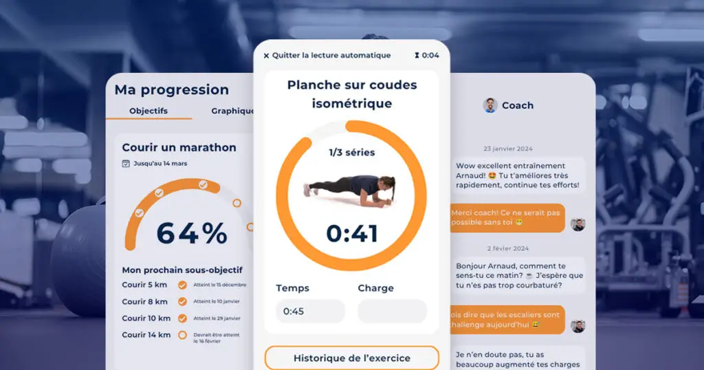 Écrans de l'application Hexfit Go montrant le suivi de progression d'un objectif, un exercice chronométré et la messagerie avec le coach