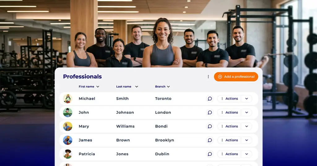 Large team of smiling coaches with Hexfit professionals list showing multiple branches