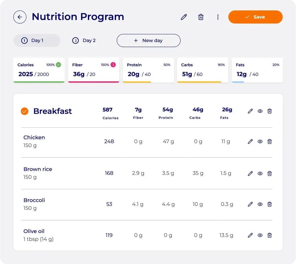 exfit nutrition tracking software for coaches and nutritionists, meal plan with calories, fiber, protein, carbs, and fat tracked against goals