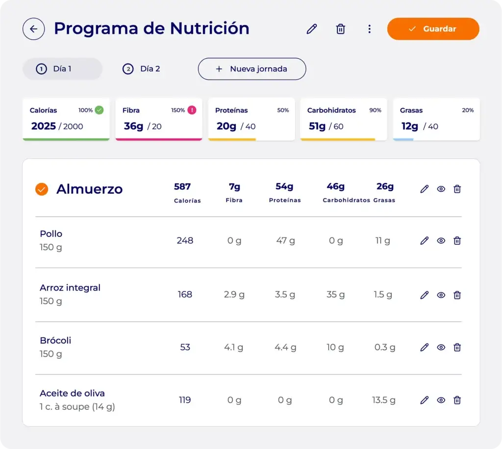 Software de seguimiento alimentario Hexfit para entrenadores y nutricionistas, plan nutricional con calorías, fibra, proteínas, carbohidratos y grasas comparados con los objetivos