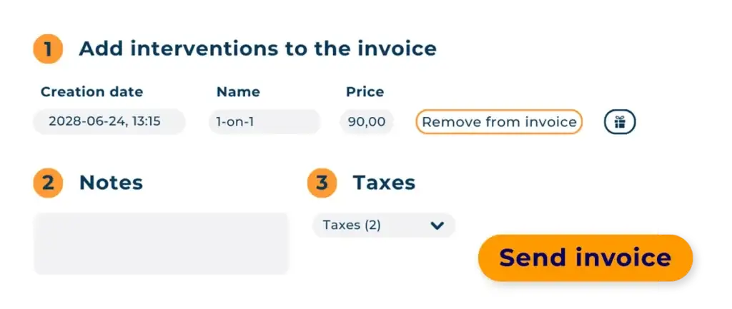 Hexfit billing window with an added service, notes, and taxes before sending the invoice