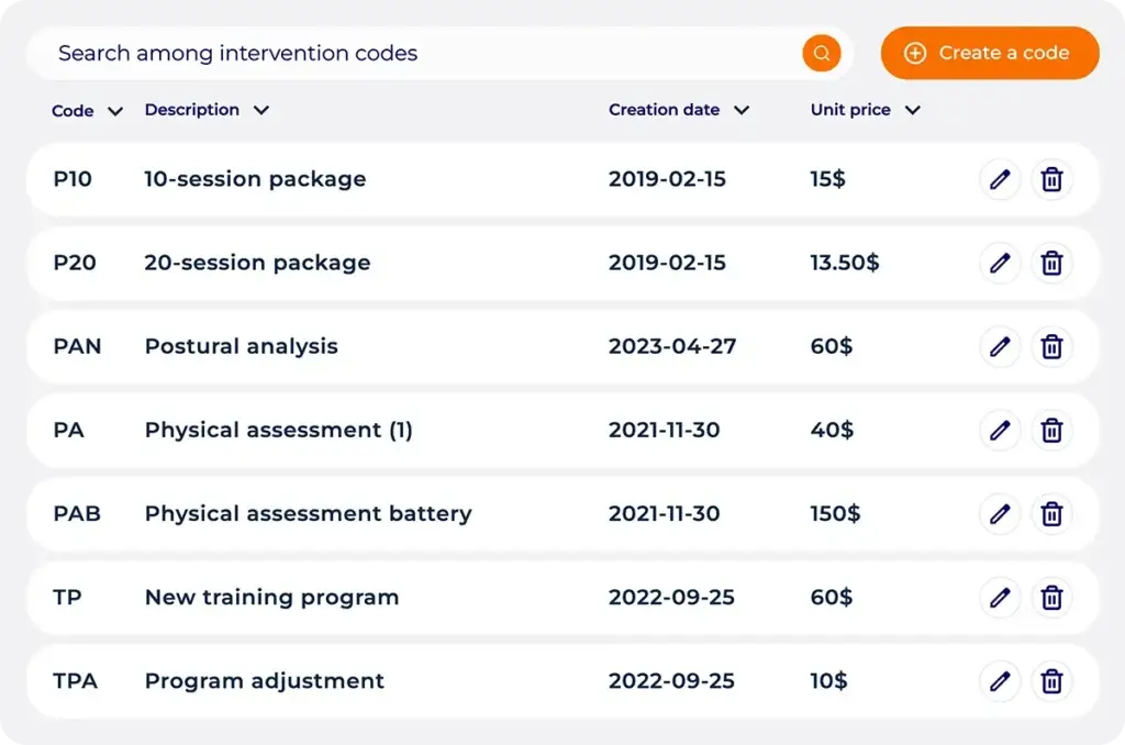 List of Hexfit intervention codes with 10- and 20-session packages, description, and unit price
