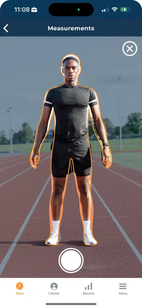 Hexfit Lab interface for augmented reality body measurements, with body outline automatically detected on a client standing upright