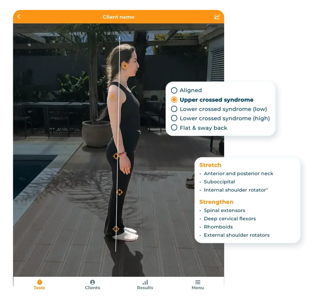 Hexfit Lab postural analysis report generated with Biotonix, identifying an upper crossed syndrome with recommended stretches and strengthening exercises