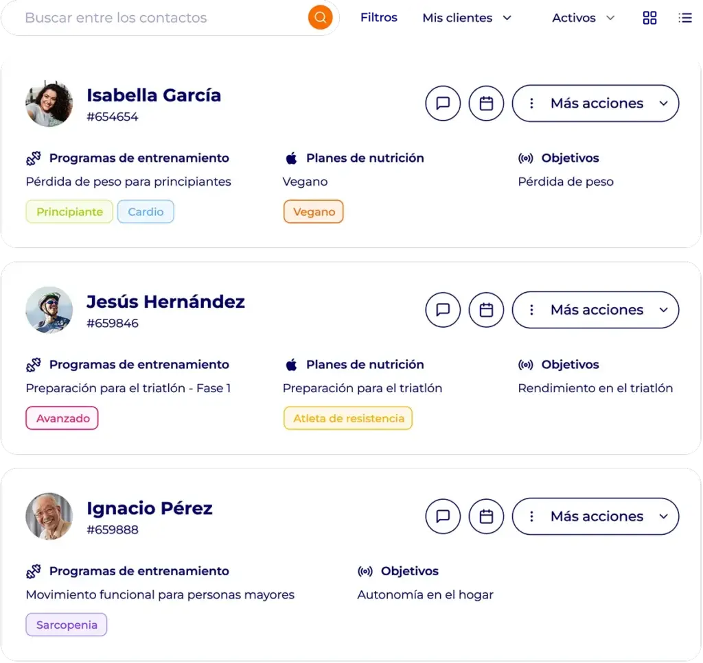 Lista de clientes en Hexfit con programa de entrenamiento, plan de nutrición y objetivos para cada perfil
