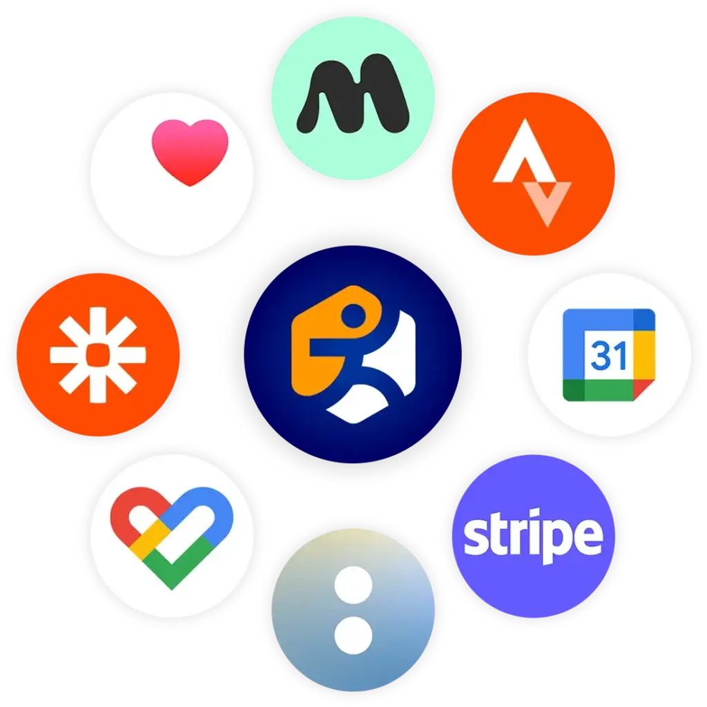 Logos des applications connectées à Hexfit, dont Stripe, Zapier, Strava, Mindbody, Google Calendar, Apple Santé, Google Fit et InBody