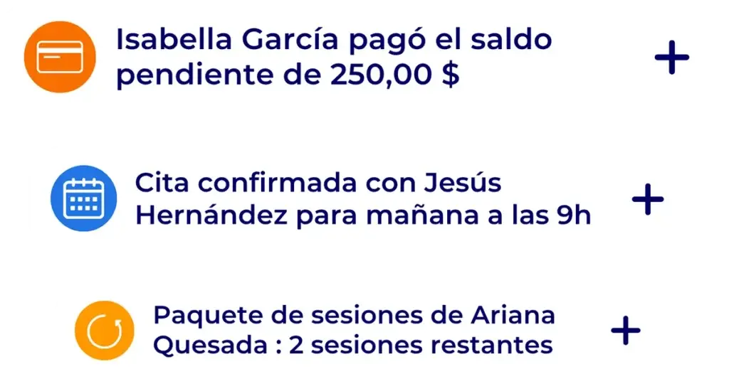 Notificaciones del panel de Hexfit: pago de saldo recibido, cita confirmada y paquete de sesiones por agotarse