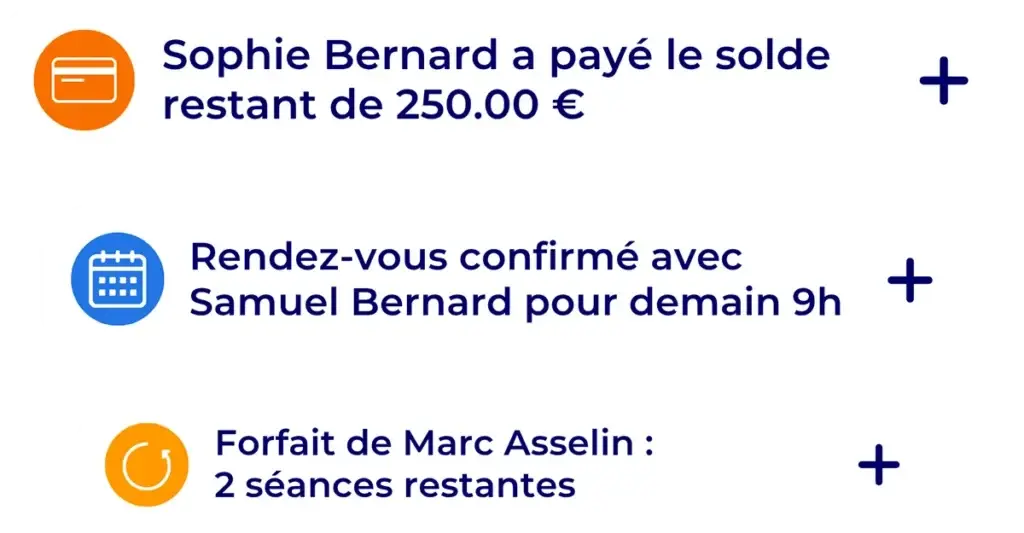 Notifications du tableau de bord Hexfit : paiement de solde reçu, rendez-vous confirmé et forfait de séances presque épuisé