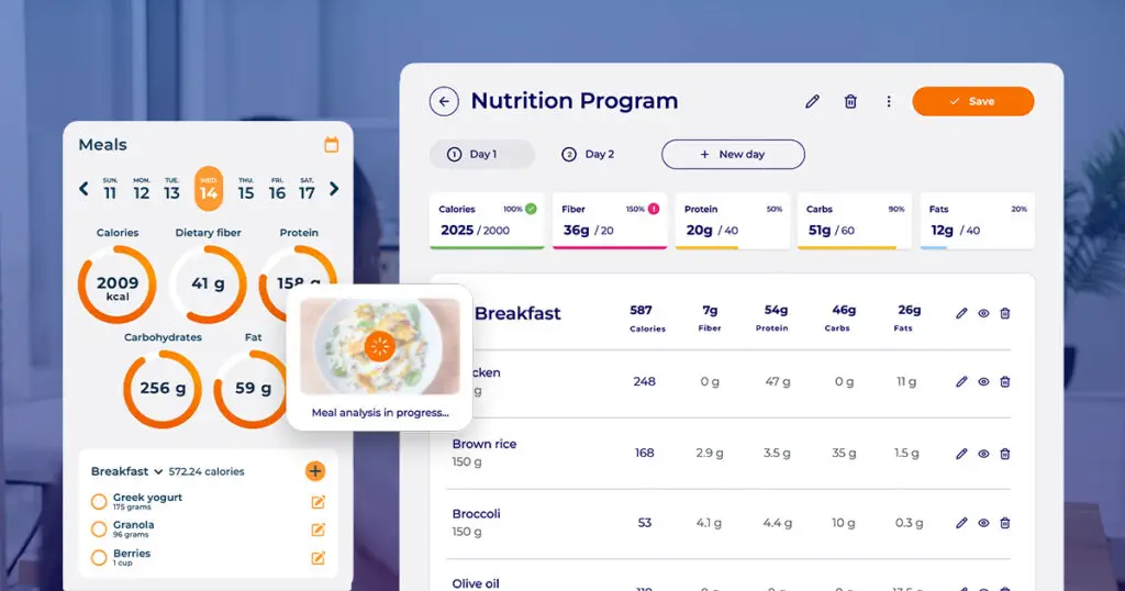 Hexfit nutrition program showing daily macros (calories, fiber, protein, carbs, fat) with AI analyzing a meal photo in real time