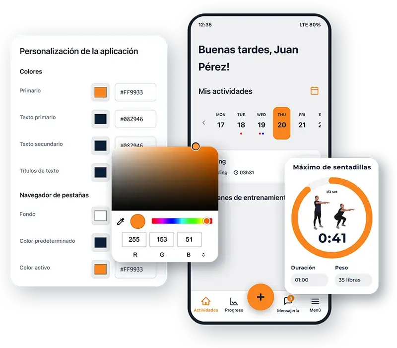 Panel de personalización de la app Hexfit Go con un selector de color, junto a un panel móvil que muestra las actividades semanales de un cliente y un temporizador del ejercicio "Max Squats"