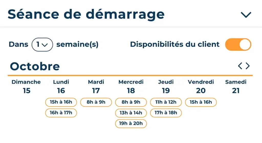 Calendrier de prise de rendez-vous Hexfit affichant les créneaux disponibles pour la séance de démarrage d'un client