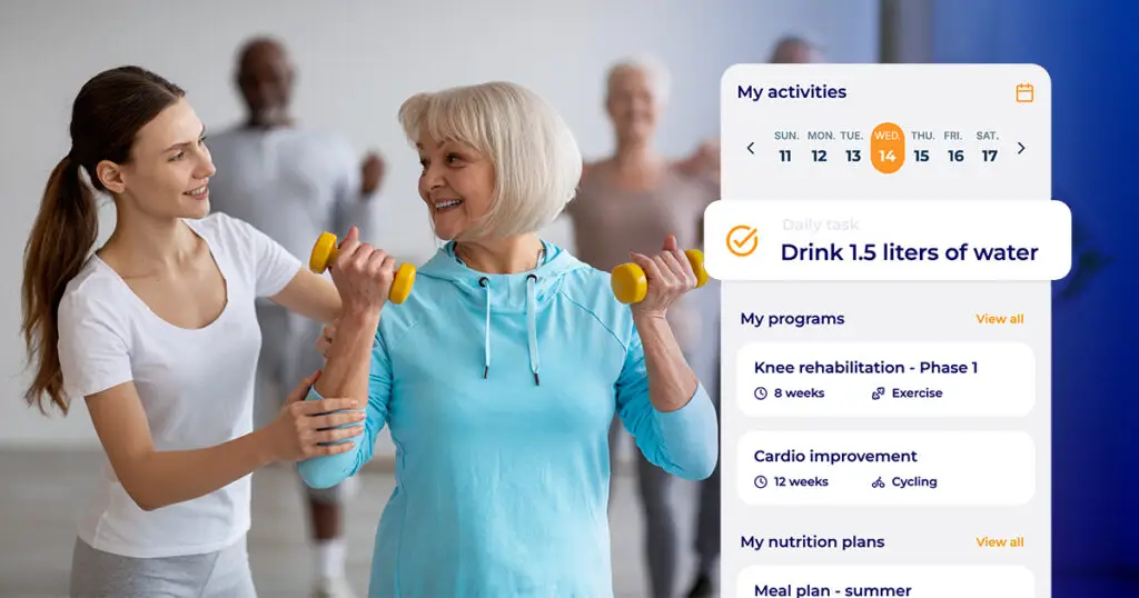 Hexfit Go screen for a health and prevention client, showing a daily task, active programs, and nutrition plans