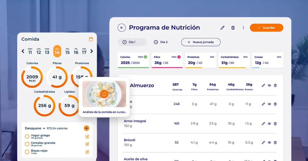 Programa de nutrición Hexfit con macros diarios (calorías, fibra, proteínas, carbohidratos, grasas) y análisis de una foto de comida por IA en tiempo real