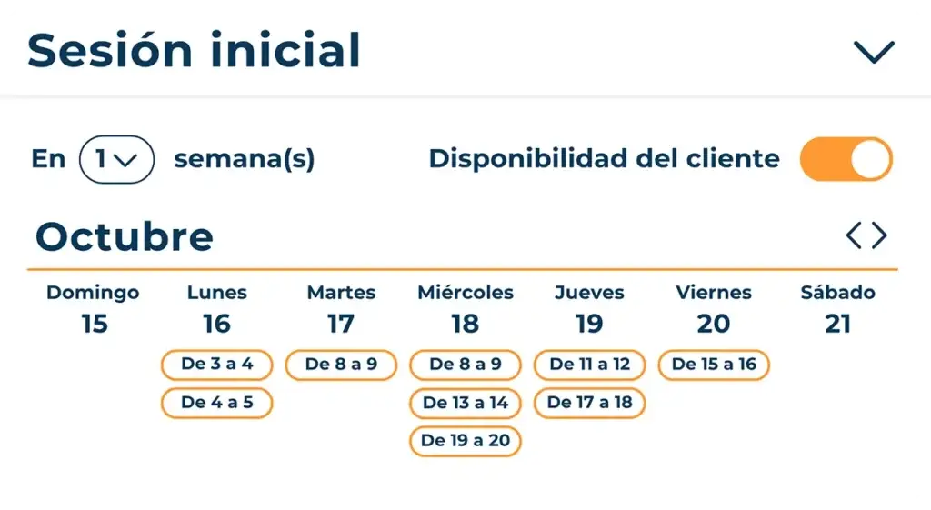 Calendario de programación de citas de Hexfit con los horarios disponibles para la sesión de inicio de un cliente