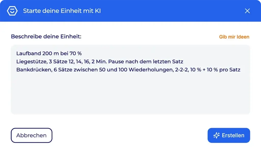 Fenster "Starte deine Einheit mit KI" im Programm-Editor von Hexfit