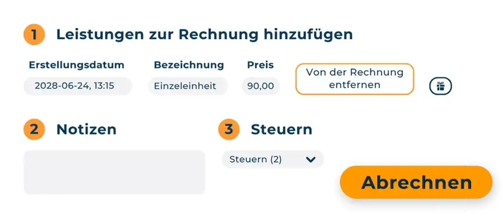 Rechnungsformular in Hexfit mit Leistung "Einzeleinheit" zu 90,00 und Steuerauswahl
