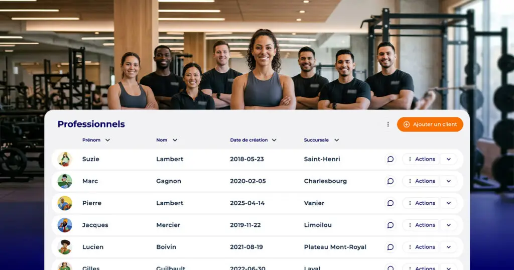 Grande équipe de coachs souriants avec liste de professionnels Hexfit par succursale