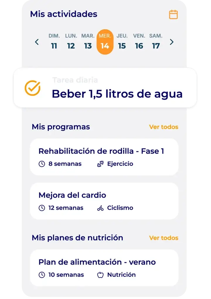 Pantalla de Hexfit Go de una clienta de salud y prevención, con tarea diaria, programas activos y planes de nutrición