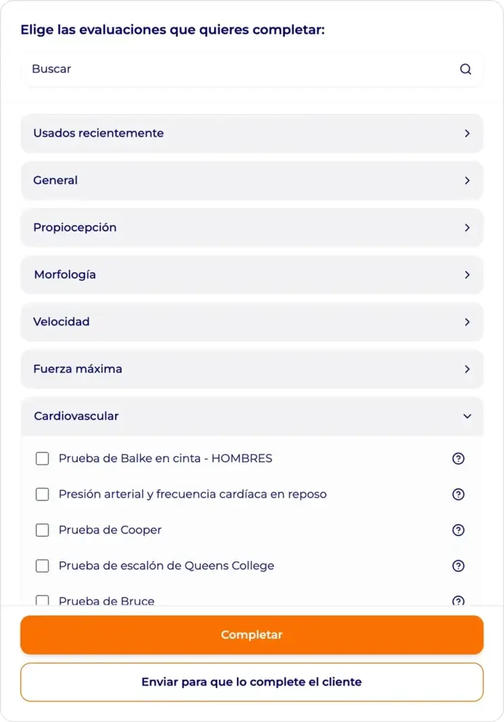 Pantalla de Hexfit para seleccionar las pruebas de evaluación a completar, categoría Cardiovascular con el test de Balke, el test de Cooper y el test de Brue