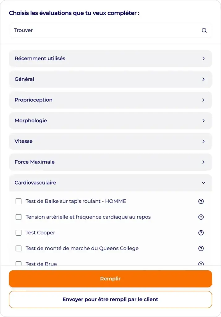 Écran Hexfit de sélection des tests de bilan à compléter, catégorie Cardiovasculaire avec test de Balke, test Cooper et test de Brue