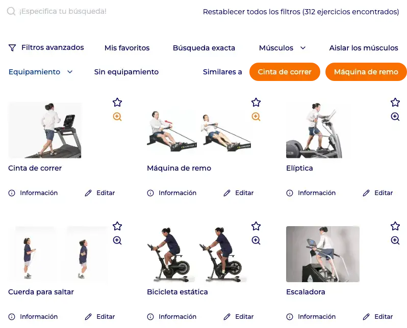 Interfaz de Hexfit sugiriendo ejercicios similares a la cinta de correr y el remo: elíptica, cuerda para saltar, bicicleta estática, escalador