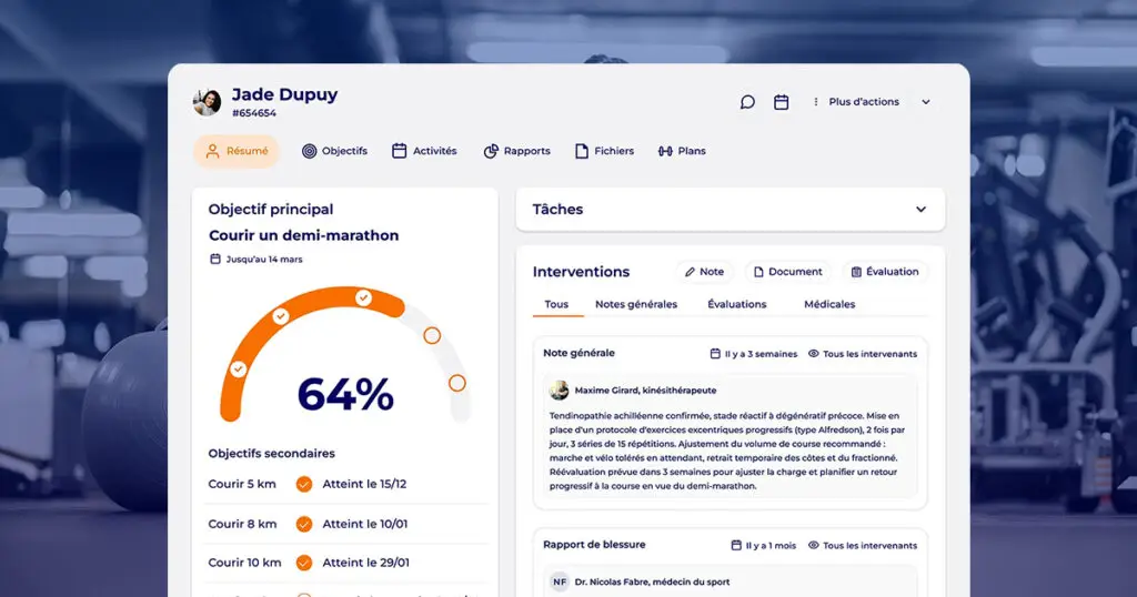 Dossier client Hexfit montrant la progression vers l'objectif principal, les objectifs secondaires et les notes d'intervention des professionnels
