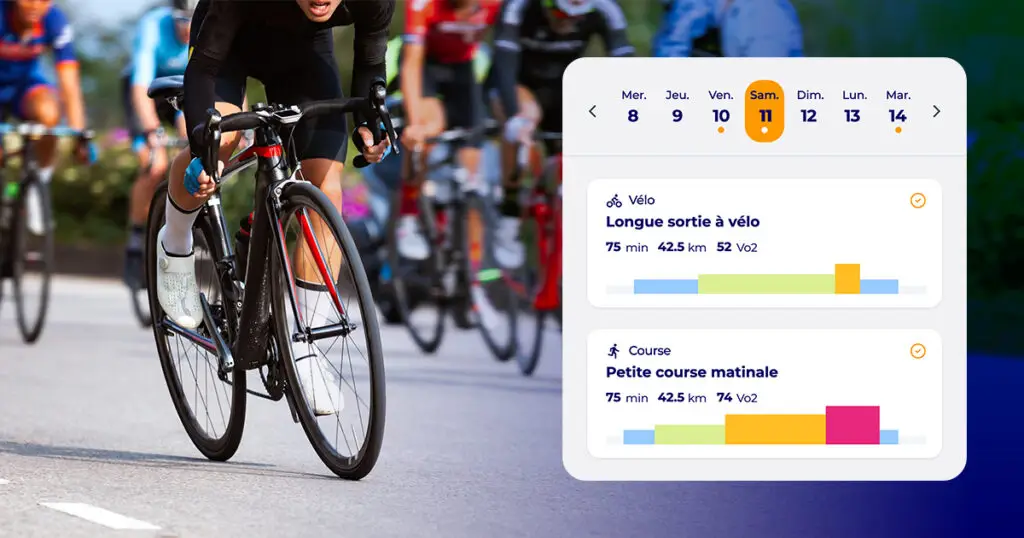 Calendrier Hexfit et détail des séances d'endurance d'un athlète, incluant vélo et course avec durée, distance et VO2max