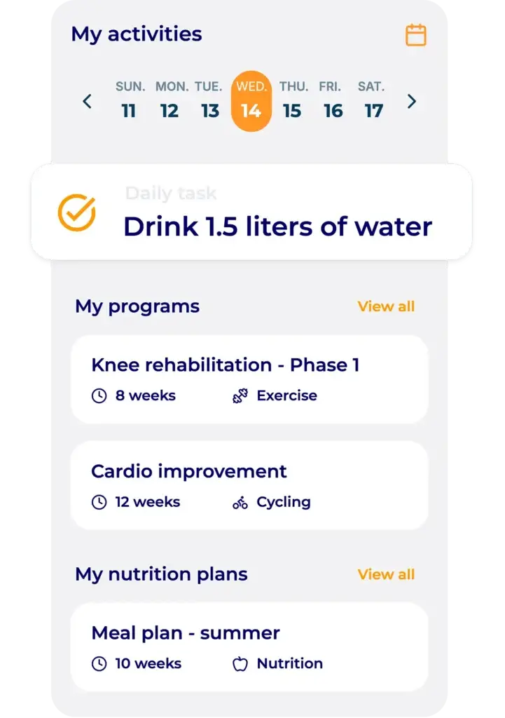 Hexfit Go screen of a health-and-prevention client, with a daily task, active programs, and nutrition plans