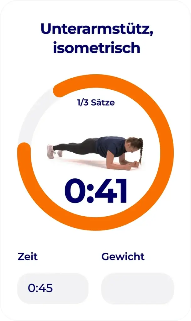 Timer für "Unterarmstütz, isometrisch" in der Hexfit-App, Satz 1 von 3, 0:41