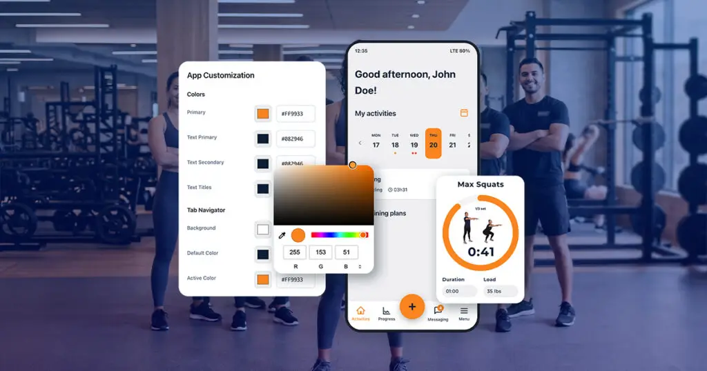 Hexfit white-label app color customization panel, with mobile preview of the activity calendar and an exercise timer