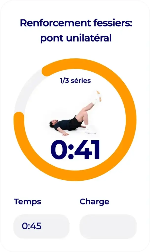 Minuteur Hexfit Go pour un exercice de pont fessier unilatéral, réalisé en autonomie par un patient en rééducation
