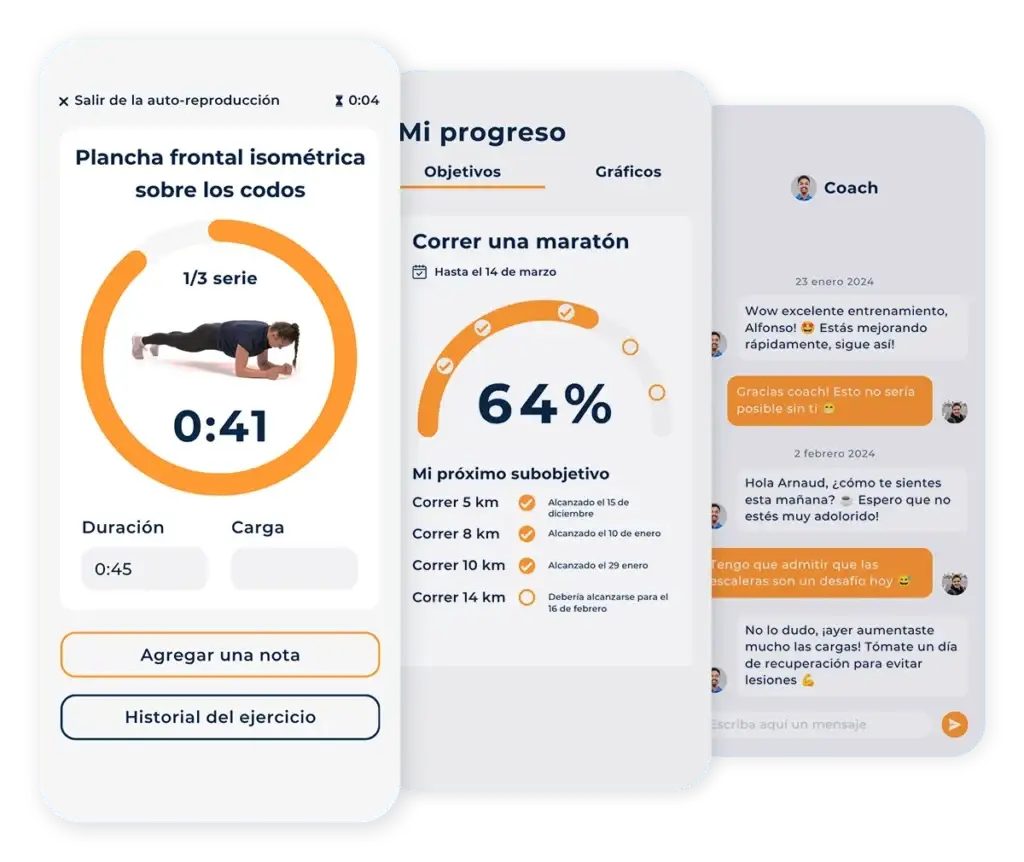Pantallas de la app Hexfit Go: temporizador Auto-Play, progreso de objetivo y mensajería con el coach
