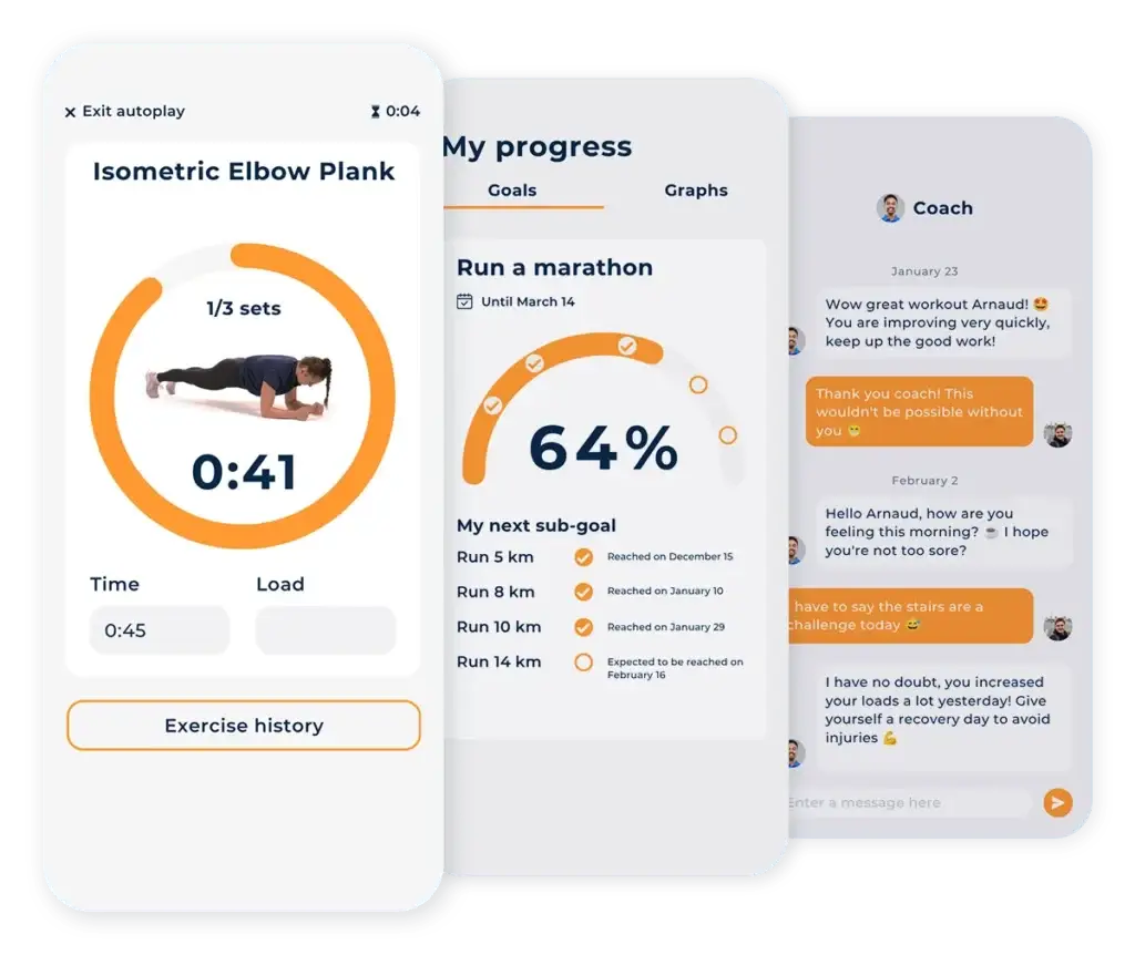 Hexfit Go app screens: Auto-Play exercise timer, goal progress tracking and coach messaging