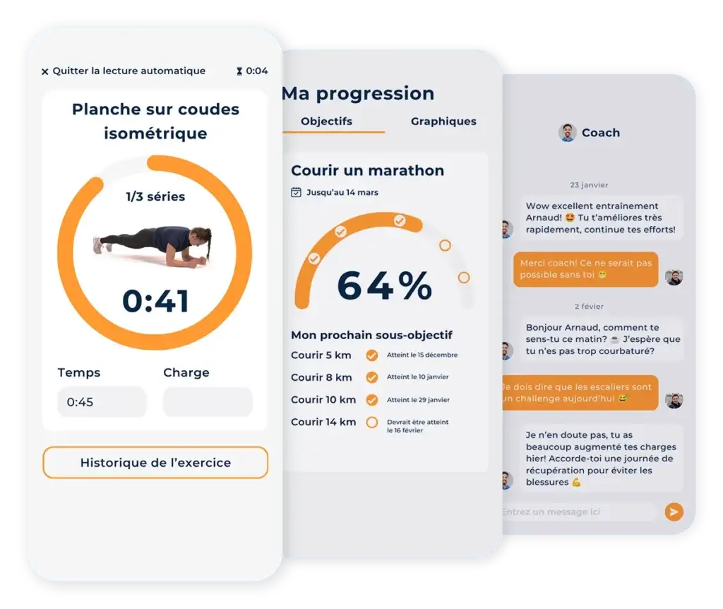 Écrans de l'application Hexfit Go : minuteur Auto-Play, suivi de progression et messagerie avec le coach