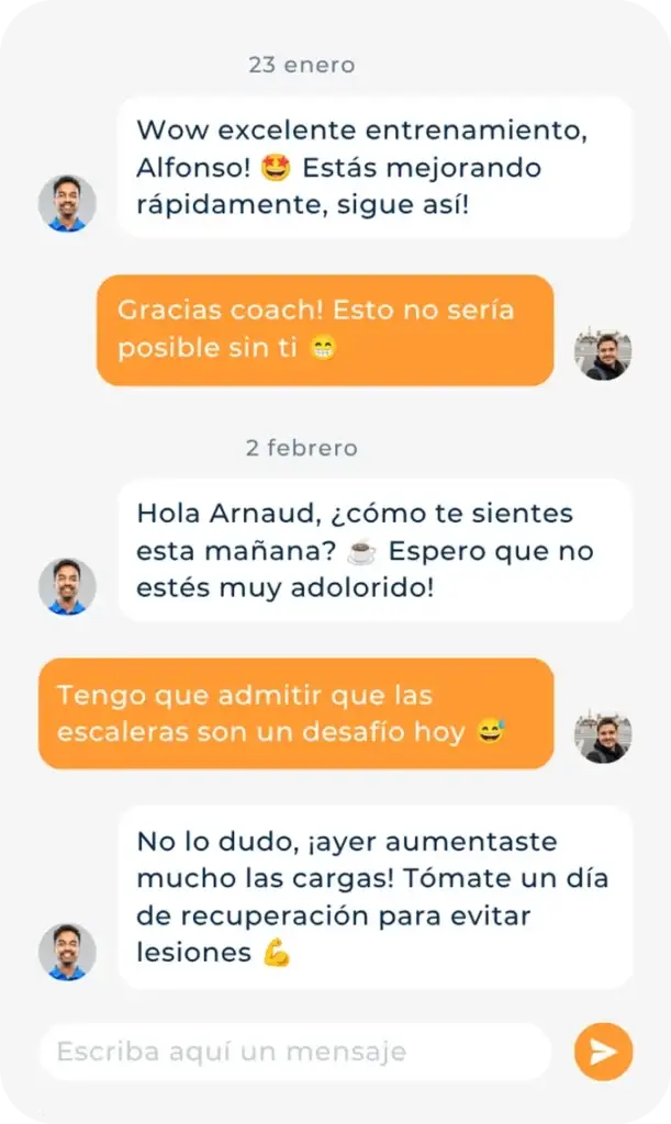 Mensajería integrada en la app Hexfit Go entre el cliente y su coach