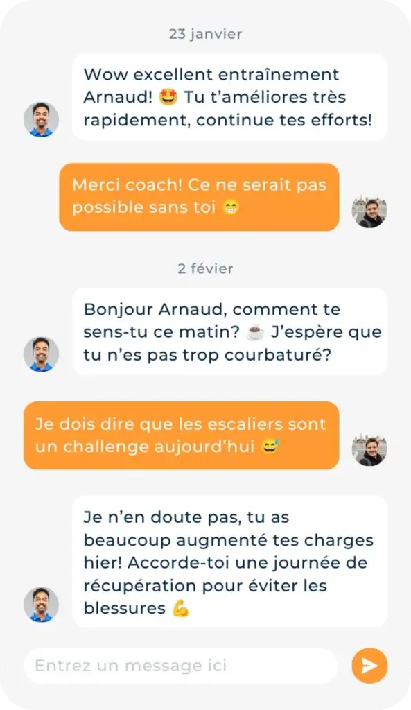 Messagerie intégrée dans l'application Hexfit Go entre le client et son coach
