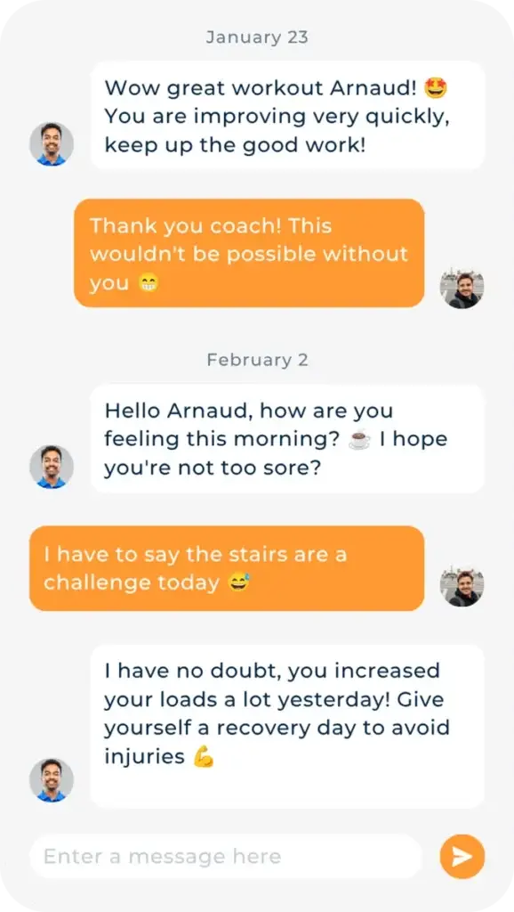 In-app messaging in Hexfit Go between a client and their coach