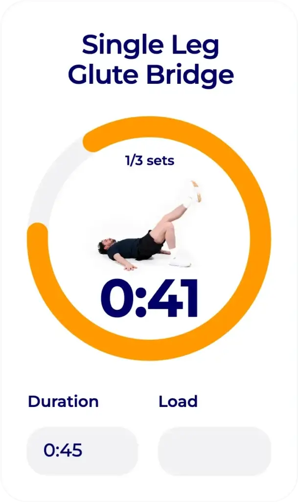 Hexfit Go timer for a single leg glute bridge exercise, completed independently by a patient in rehabilitation